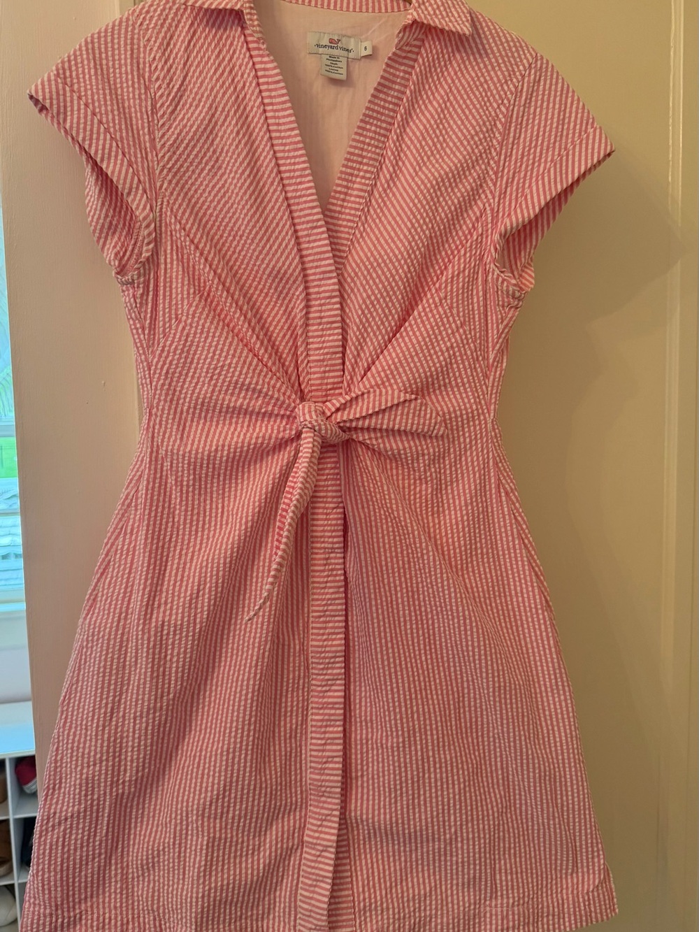 Vineyard Vines Pink and White Stripe Seersucker Tie Front Dress - Picture 2 of 4